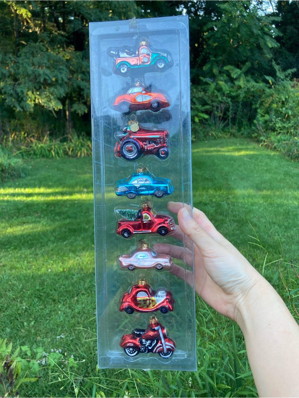 Vintage Y2K Dept 56 Tiny Trimmings Glass Christmas Vehicle Ornaments Set of 8